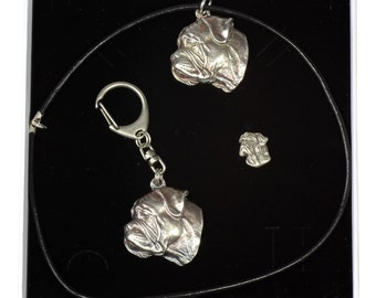 NEW, Bullmastiff, dog keyring, necklace and pin in casket, ELEGANCE set, limited edition, ArtDog . Dog keyring for dog lovers