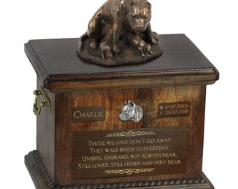 American Staffordshire Terrier mother - Exclusive Urn for dog ashes with a statue,relief and inscription. ART-DOG. Cremation box,Custom urn.