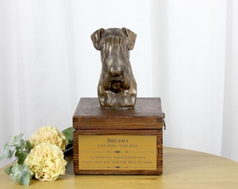 Schnauzer urn for dog's ashes, Urn with engraving and sculpture of a dog, Urn with dog statue and engraving, Custom urn for a dog