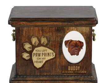 Urn for dog ashes with ceramic plate and sentence - Geometric French Mastiff, ART-DOG. Cremation box, Custom urn.