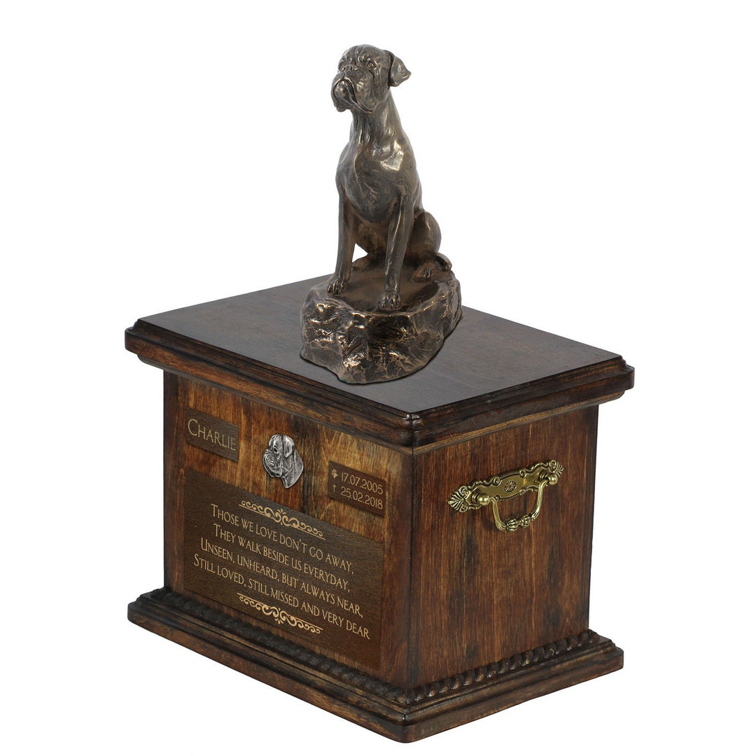 Boxer Sitting Exclusive Urn for Dog Ashes With a Statue, Relief and