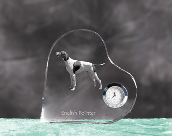 English Pointer- crystal clock in the shape of a heart with the image of a pure-bred dog.