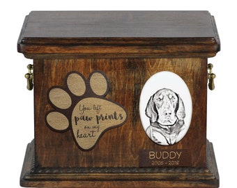 Urn for dog’s ashes with ceramic plate and description - Black and tan coonhound, ART-DOG Cremation box, Custom urn.