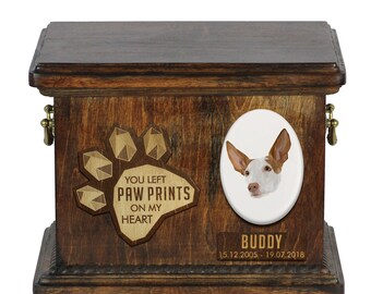 Urn for dog ashes with ceramic plate and sentence - Geometric Ibizan Hound, ART-DOG. Cremation box, Custom urn.