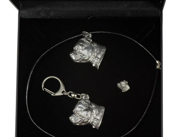 NEW, Staffordshire Bull Terrier, dog keyring, necklace and pin in casket, DELUXE set, limited edition, ArtDog . Dog keyring for dog lovers