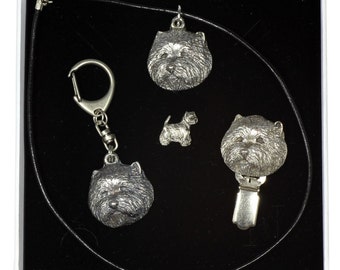 NEW, West Highland White Terrier, dog keyring, necklace, pin and clipring in casket, ELEGANCE set, limited edition, ArtDog