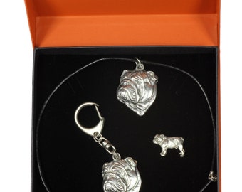 NEW, English Bulldog, dog keyring, necklace and pin in casket, PRESTIGE set, limited edition, ArtDog . Dog keyring for dog lovers