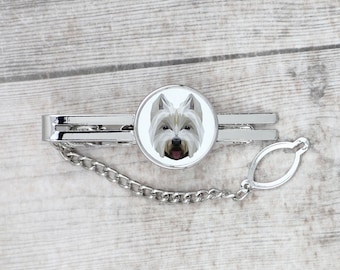 A tie tack with a West Highland White Terrier dog. Men’s jewelry. A new collection with the geometric dog