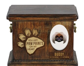 Urn for dog ashes with ceramic plate and sentence - Geometric Pekingese, ART-DOG. Cremation box, Custom urn.