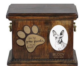 Urn for cat ashes with ceramic plate and sentence - Peterbald, ART-DOG Cremation box, Custom urn.
