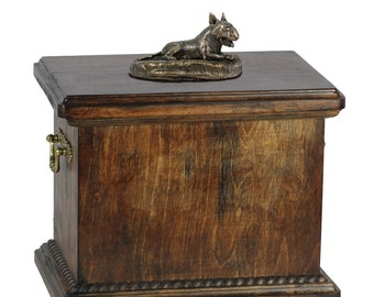 Urn for dog’s ashes with a small Bull Terrier lying statue, ART-DOG Cremation box, Custom urn.