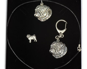 NEW, Pug, dog keyring, necklace and pin in casket, ELEGANCE set, limited edition, ArtDog . Dog keyring for dog lovers