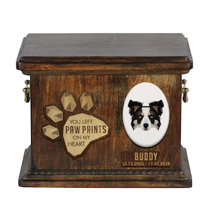 Urna para cinzas de cachorro com placa de cerâmica e frase - Geometric Border Collie, ART-DOG. Caixa de cremação, urna personalizada.