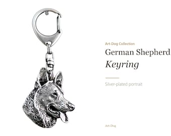 German Shepherd Keychain, Silver Plated Head Keyring, Gift for Dog Lovers, Art-Dog
