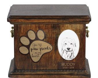 Urn for dog’s ashes with ceramic plate and description - Old English Sheepdog, ART-DOG Cremation box, Custom urn.
