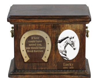 Urn for horse ashes with ceramic plate and sentence - Irish Sport Horse, ART-DOG. Cremation box, Custom urn.