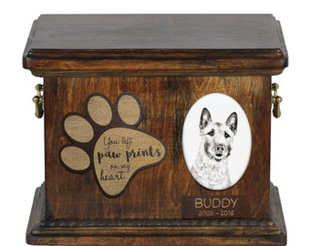 Urn for dog’s ashes with ceramic plate and description - Laekenois, ART-DOG Cremation box, Custom urn.