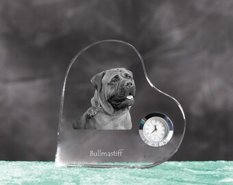 Bullmastiff- crystal clock in the shape of a heart with the image of a pure-bred dog.