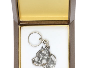 NEW, American Staffordshire Terrier (no collar), dog keyring, key holder, in casket, limited edition, ArtDog . Dog keyring for dog lovers