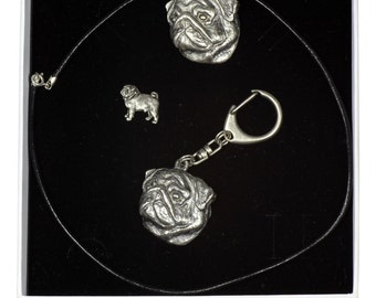 NEW, Pug, dog keyring, necklace and pin in casket, ELEGANCE set, limited edition, ArtDog . Dog keyring for dog lovers