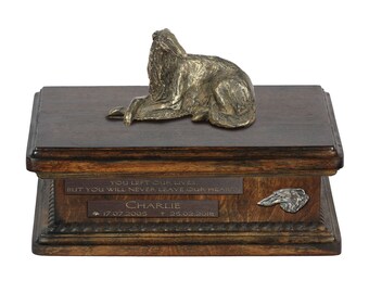 Exclusive Urn for dog ashes with a Borzoi statue, relief and inscription. ART-DOG. New model. Cremation box, Custom urn.
