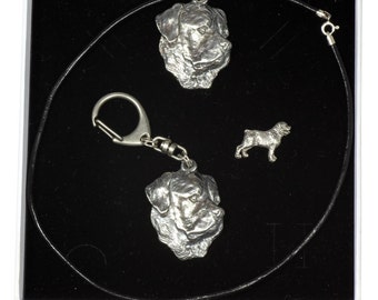 NEW, Rottweiler, dog keyring, necklace and pin in casket, ELEGANCE set, limited edition, ArtDog . Dog keyring for dog lovers