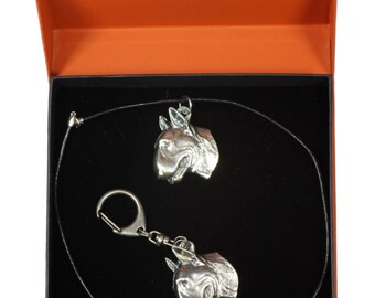 NEW, Bullterrier (flat medallion), dog keyring and necklace in casket, PRESTIGE set, limited edition, ArtDog . Dog keyring for dog lovers