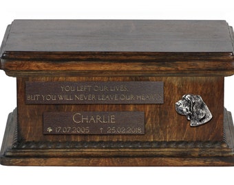 Urn for dog’s ashes with relief and sentence with your dog name and date - Clumber Spaniel, ART-DOG. Low model. Cremation box, Custom urn.