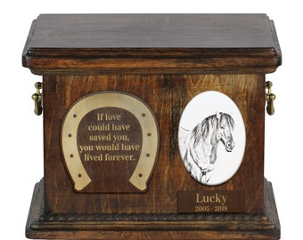 Urn for horse ashes with ceramic plate and sentence - Henson, ART-DOG. Cremation box, Custom urn.