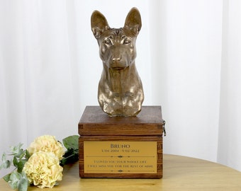 Basenji urn for dog's ashes, Urn with engraving and sculpture of a dog, Urn with dog statue and engraving, Custom urn for a dog