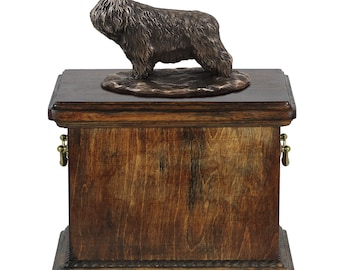 Urn for dog’s ashes with a Polish Lowland Sheepdog statue, ART-DOG Cremation box, Custom urn.