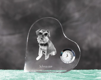 Schnauzer - crystal clock in the shape of a heart with the image of a pure-bred dog.