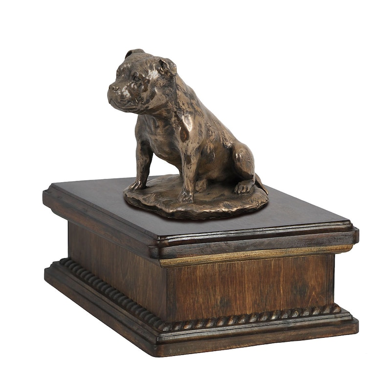 Custom urn. New model Cremation box ART-DOG Exclusive Urn for dog\u2019s ashes with a Staffordshire Bull Terrier statue