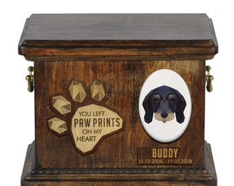 Urn for dog ashes with ceramic plate and sentence - Geometric Dachshund wirehiared, ART-DOG. Cremation box, Custom urn.