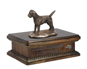 Exclusive Urn for dog ashes with a Border Terrier statue, relief and inscription. ART-DOG. New model. Cremation box, Custom urn.