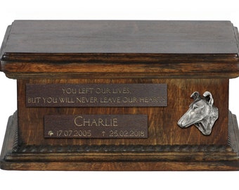 Urn for dog’s ashes with relief and sentence with your dog name and date - Smooth Collie, ART-DOG. Low model. Cremation box, Custom urn.