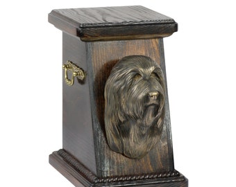 Urn for dog’s ashes with a Bearded Collie statue, ART-DOG Cremation box, Custom urn.
