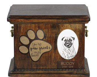 Urn for dog’s ashes with ceramic plate and description - Pug, ART-DOG Cremation box, Custom urn.