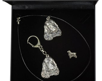 NEW, English Cocker Spaniel, dog keyring, necklace and pin in casket, DELUXE set, limited edition, ArtDog . Dog keyring for dog lovers