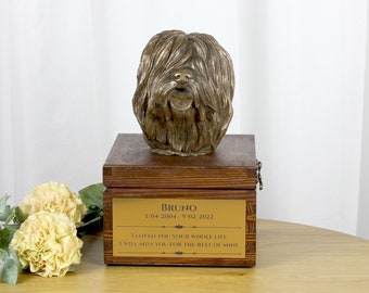 Polish Lowland Sheepdog urn for dog's ashes,Urn with engraving and sculpture of a dog,Urn with dog statue and engraving,Custom urn for a dog