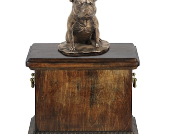 Urn for dog’s ashes with a Staffordshire Bull Terrier statue, ART-DOG Cremation box, Custom urn.