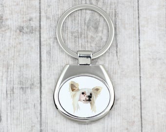 A key pendant with a Chinese Crested Dog dog. A new collection with the geometric dog . Dog keyring for dog lovers