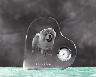 Chow chow- crystal clock in the shape of a heart with the image of a pure-bred dog.