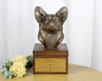 Corgi Pembroke urn for dog's ashes, Urn with engraving and sculpture of a dog, Urn with dog statue and engraving, Custom urn for a dog