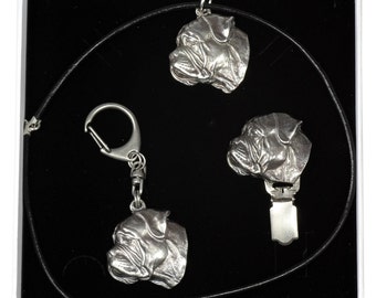 NEW, Bullmastiff, dog keyring, necklace and clipring in casket, ELEGANCE set, limited edition, ArtDog . Dog keyring for dog lovers