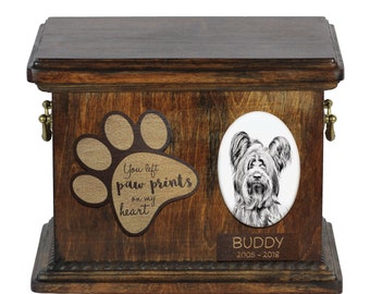 Urn for dog’s ashes with ceramic plate and description - Skye Terrier, ART-DOG Cremation box, Custom urn.