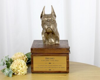 Boxer cropped urn for dog's ashes, Urn with engraving and sculpture of a dog, Urn with dog statue and engraving, Custom urn for a dog