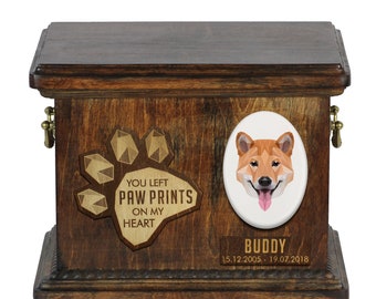 Urn for dog ashes with ceramic plate and sentence - Geometric Shiba Inu, ART-DOG. Cremation box, Custom urn.