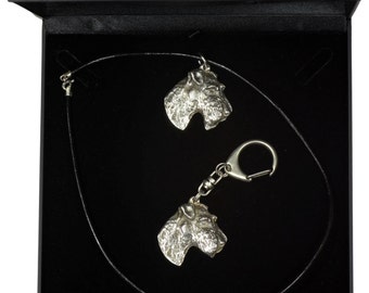 NEW, Fox Terrier, dog keyring and necklace in casket, DELUXE set, limited edition, ArtDog . Dog keyring for dog lovers