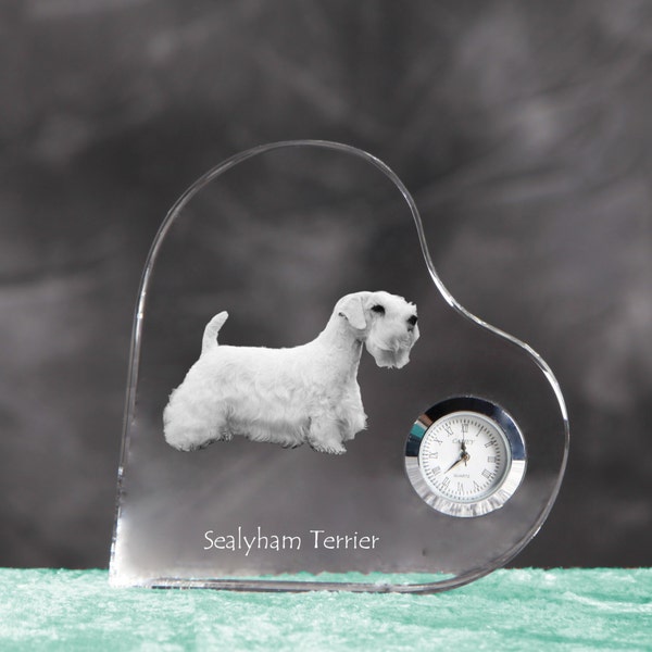 Sealyham terrier- crystal clock in the shape of a heart with the image of a pure-bred dog.